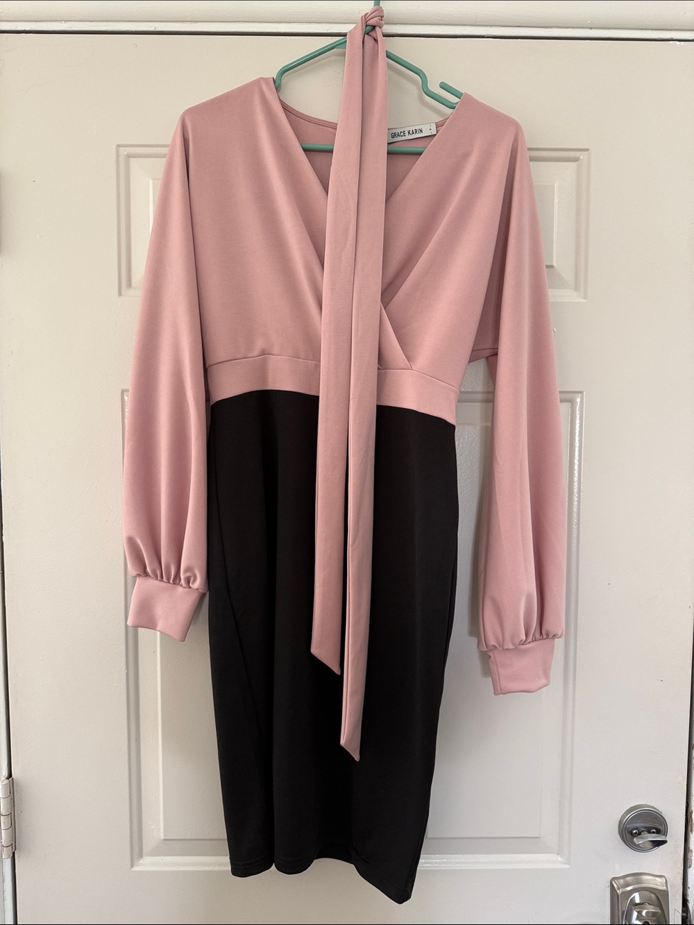 Grace Karin Pink and Black Two-Tone V-Neck Midi Dress
